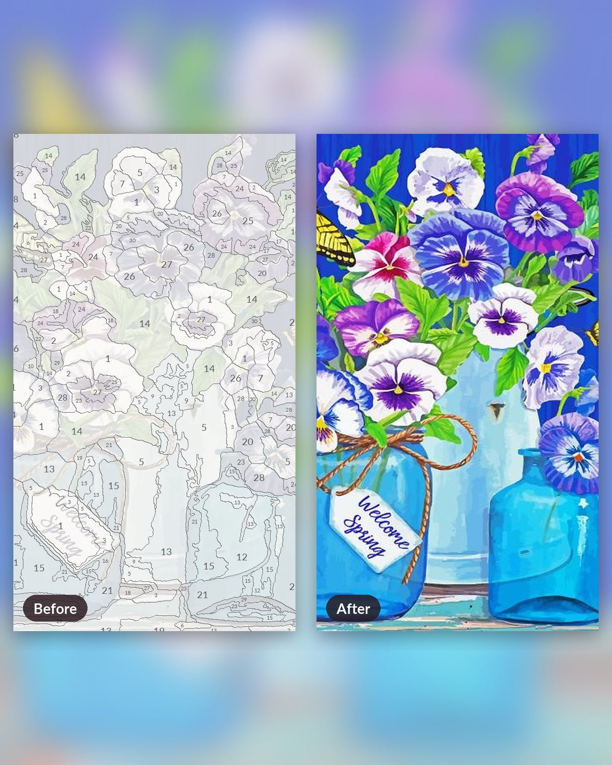 Butterflies And Pansies paint by numbers kit, before and after