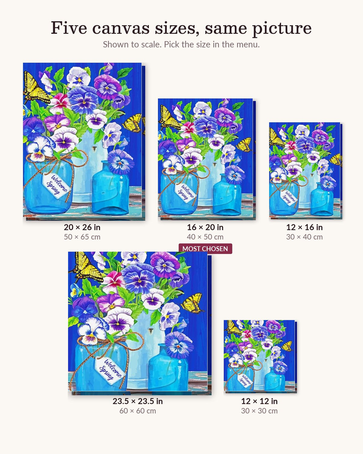 Butterflies And Pansies canvas sizes from 12 x 12 to 23.5 x 23.5 inches