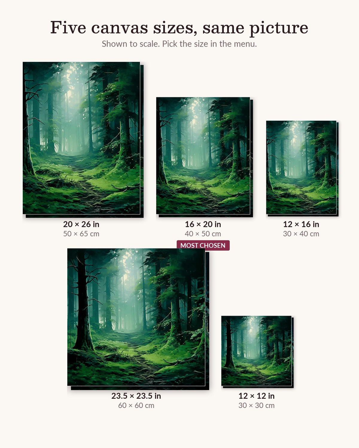 Misty Forest canvas sizes from 12 x 12 to 23.5 x 23.5 inches