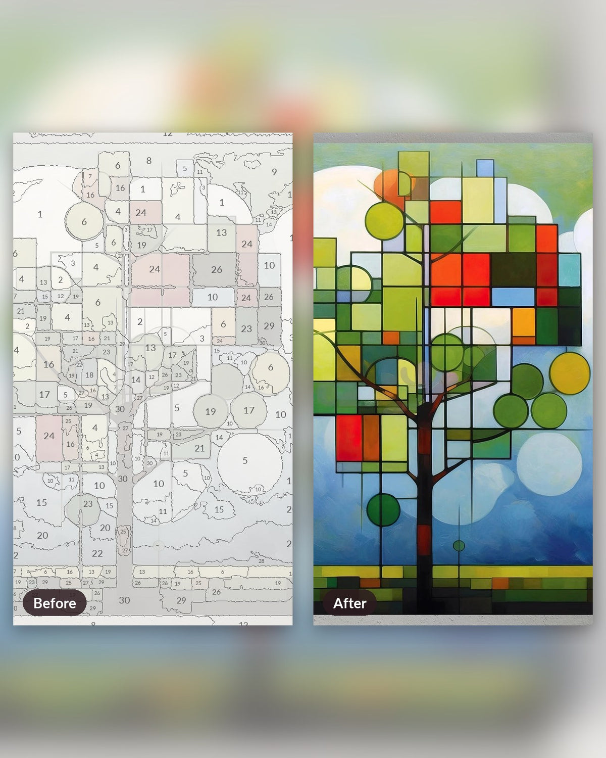 Modernist Green Tree paint by numbers kit, before and after