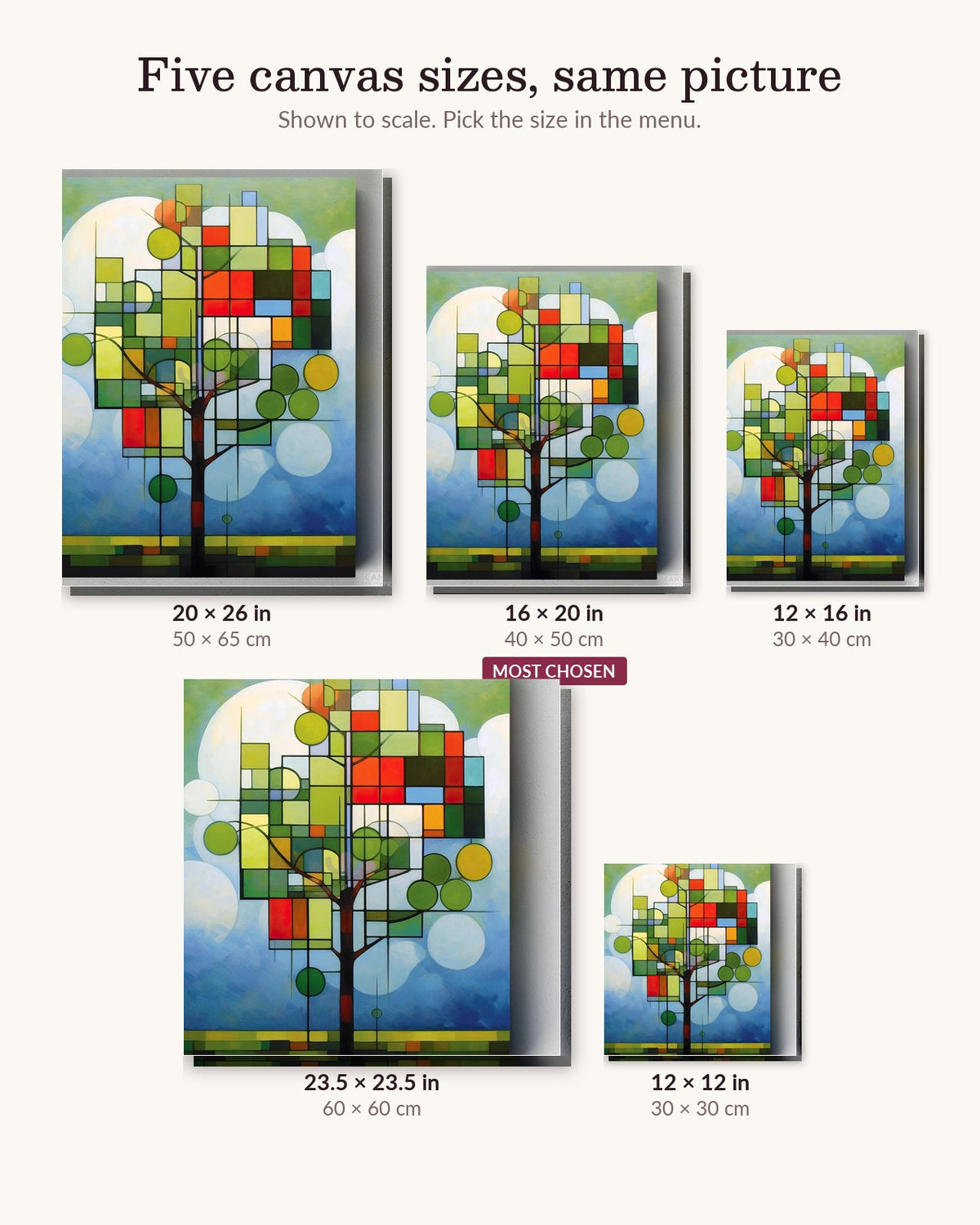 Modernist Green Tree canvas sizes from 12 x 12 to 23.5 x 23.5 inches