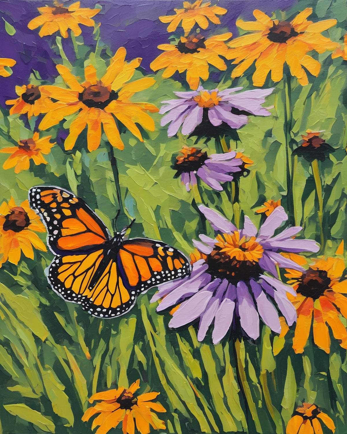 monarch butterflies on purple coneflowers and yellow wildflowers paint by numbers kit