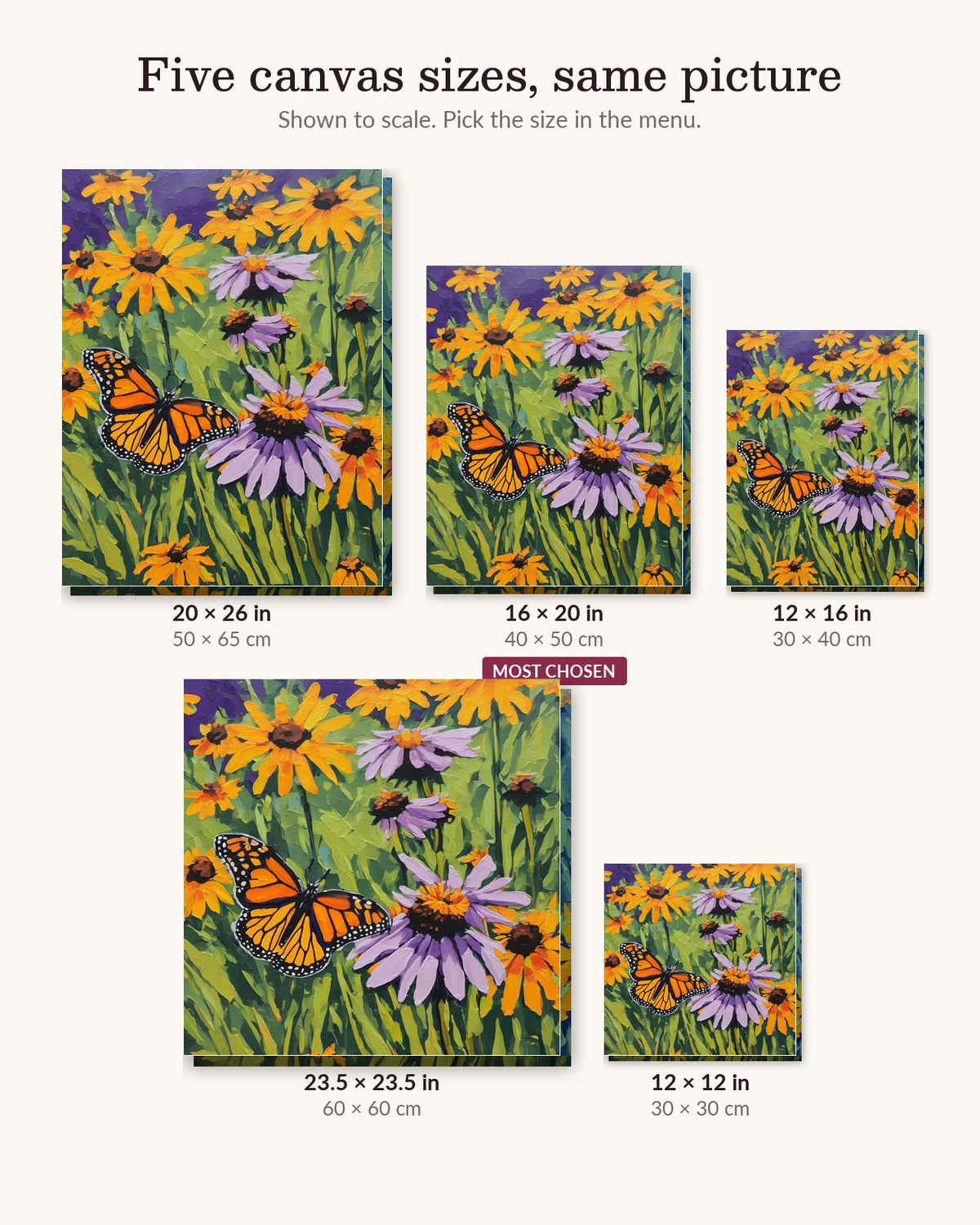 Monarch Butterflies in the Wildflowers canvas sizes from 12 x 12 to 23.5 x 23.5 inches
