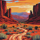 red sandstone buttes at sunset with a winding dirt track and sagebrush, paint by numbers kit