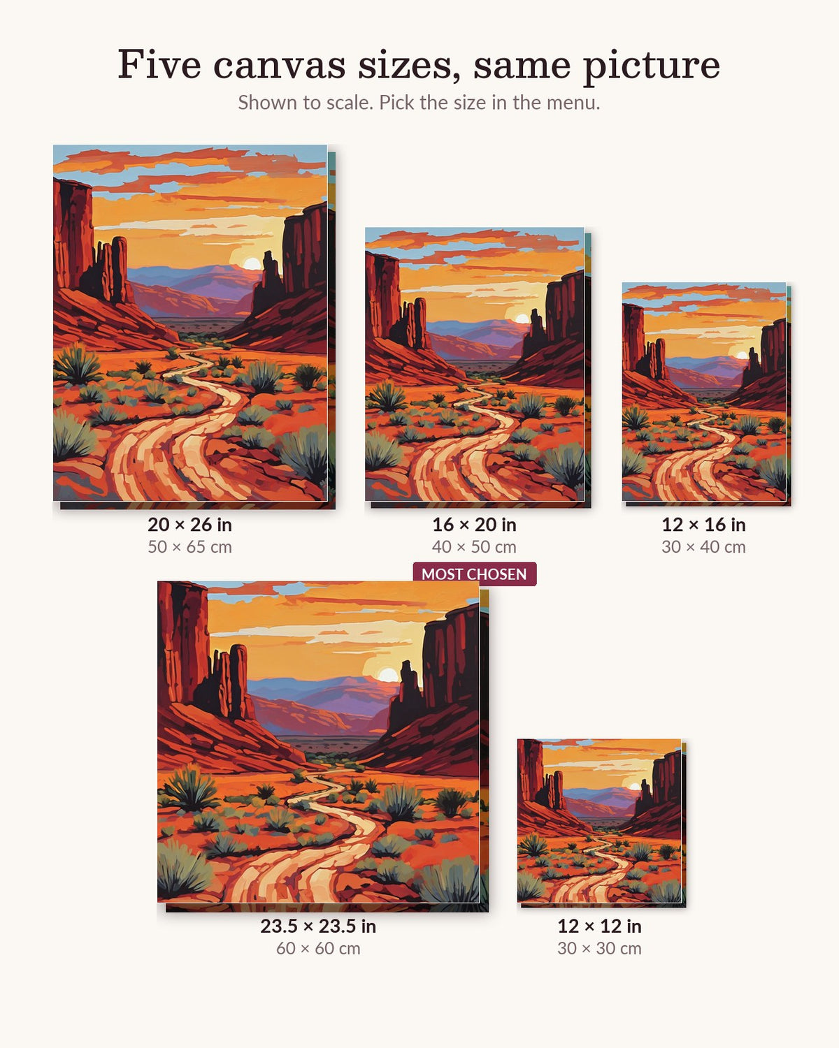 Monument Valley Buttes at Sunset canvas sizes from 12 x 12 to 23.5 x 23.5 inches