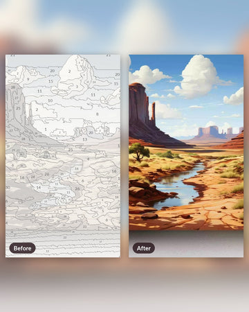 Canyonland Monoliths paint by numbers kit, before and after