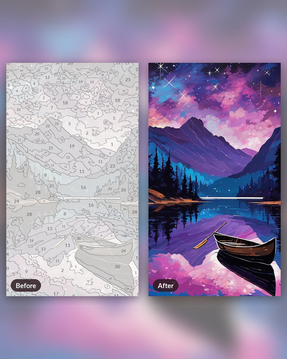 Moonlit Lake and Galaxy paint by numbers kit, before and after
