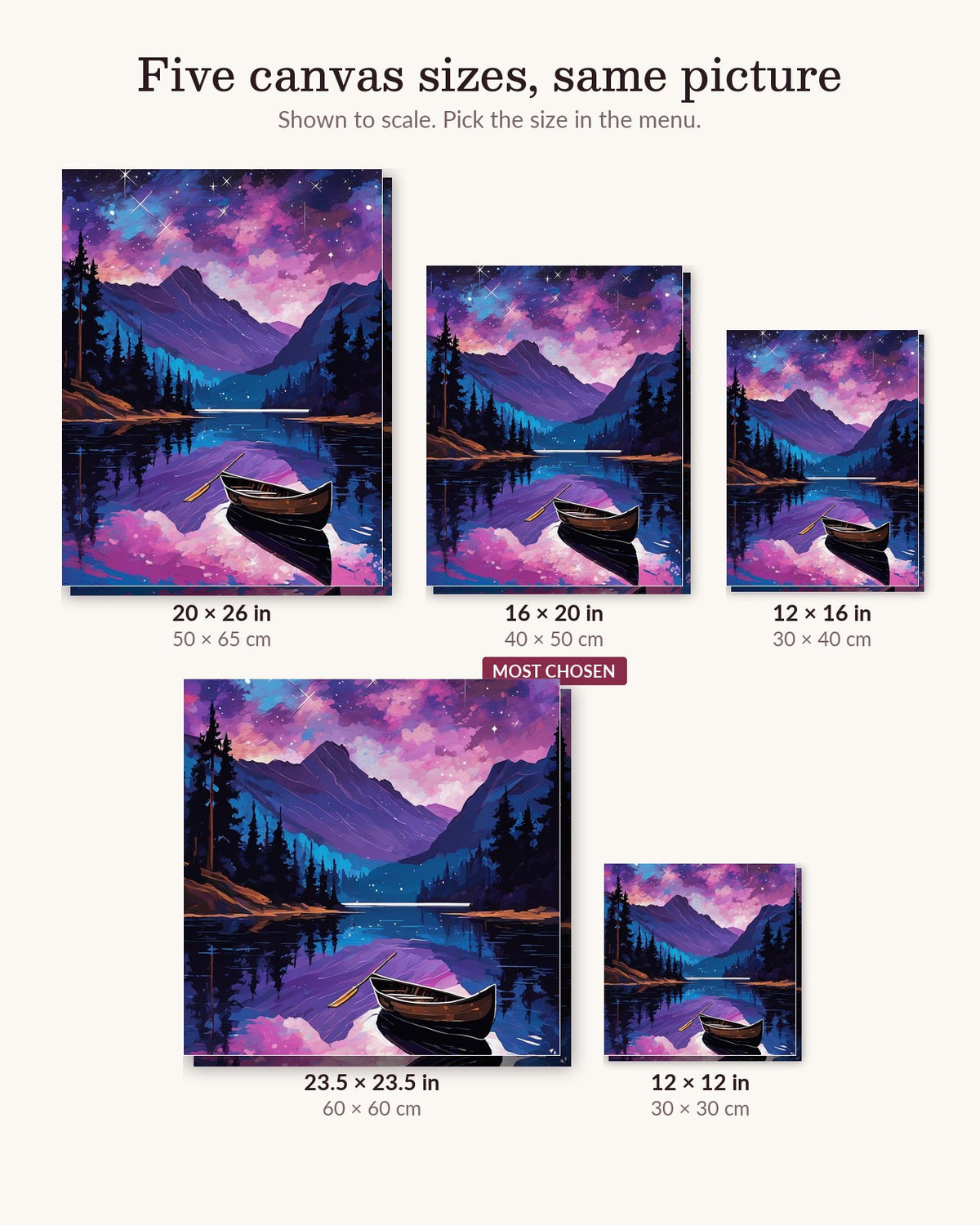 Moonlit Lake and Galaxy canvas sizes from 12 x 12 to 23.5 x 23.5 inches