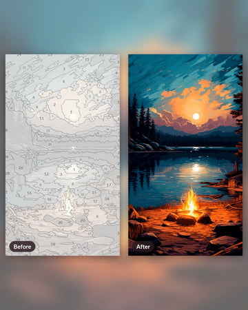Moonlit Lakeside paint by numbers kit, before and after