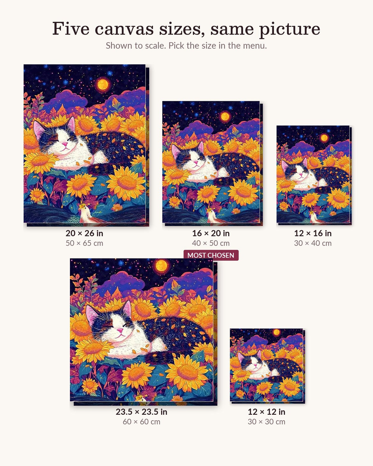Moonlit Meadows canvas sizes from 12 x 12 to 23.5 x 23.5 inches