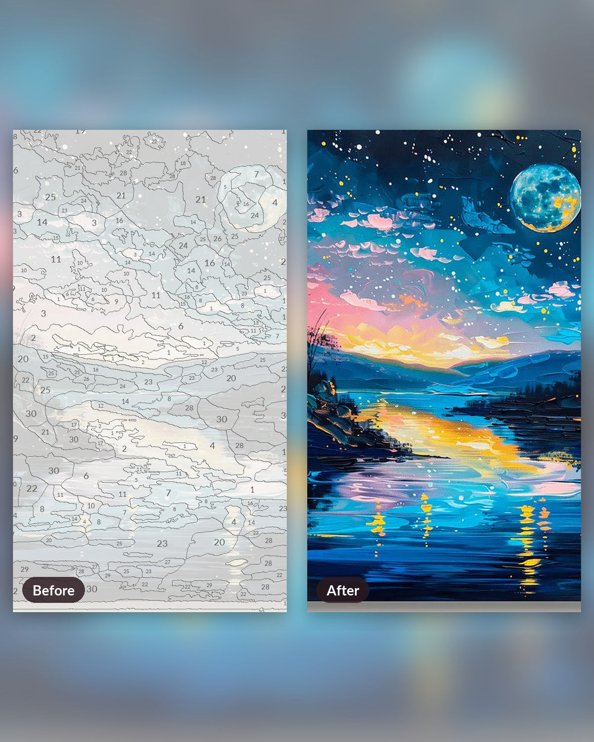 Moonlit Waters paint by numbers kit, before and after