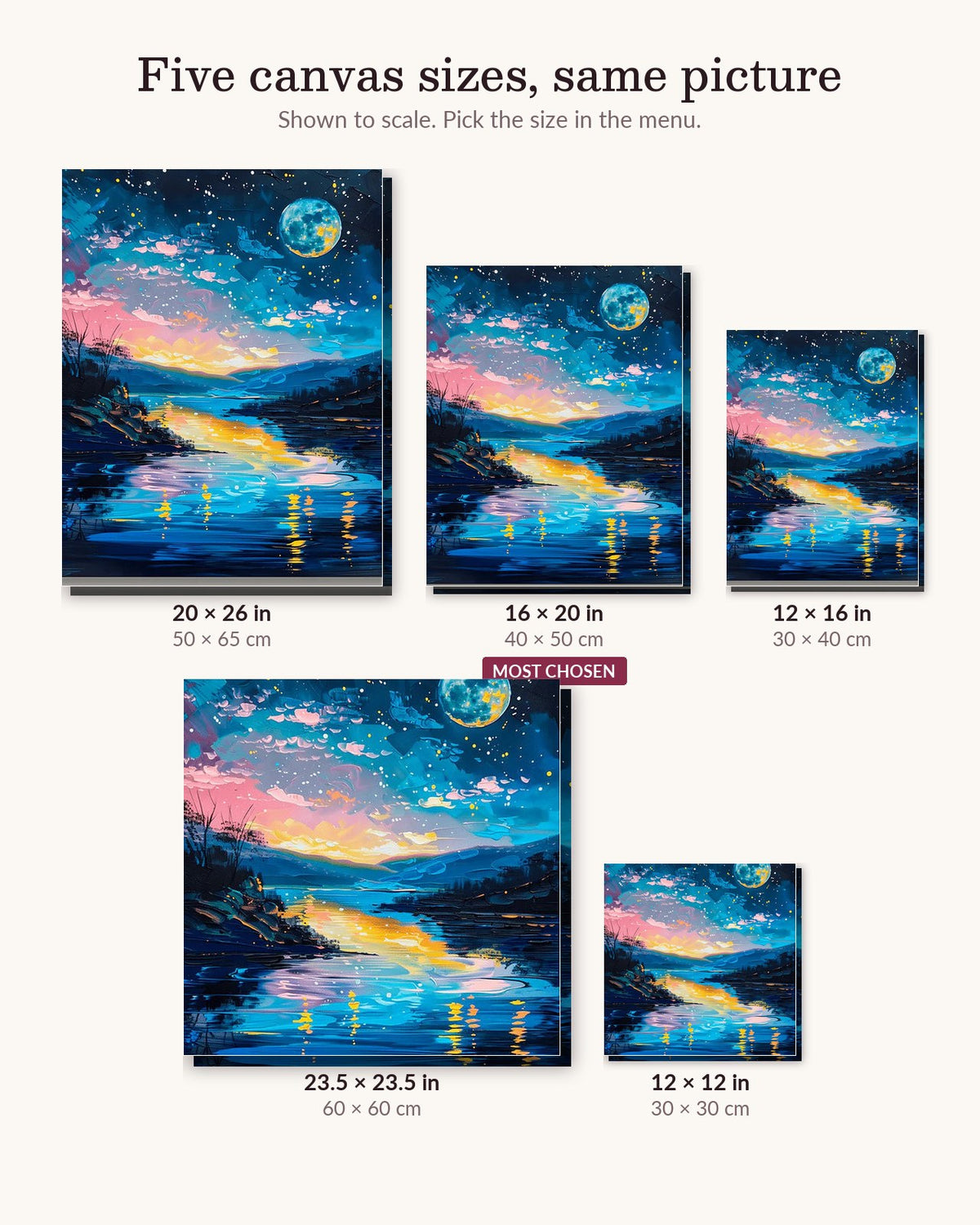 Moonlit Waters canvas sizes from 12 x 12 to 23.5 x 23.5 inches