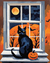 Moonlit Window Cat paint by numbers kit, black cat on a windowsill under a full moon