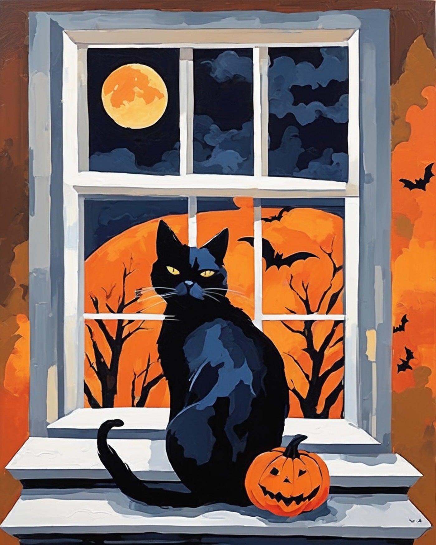Moonlit Window Cat paint by numbers kit, black cat on a windowsill under a full moon