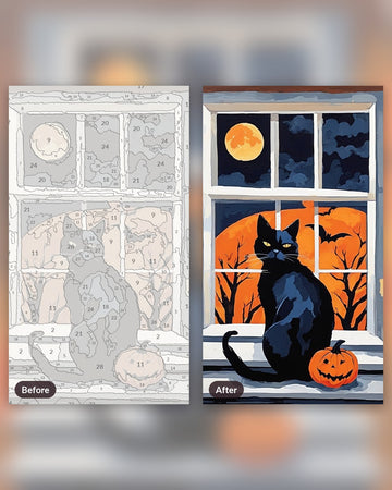 Moonlit Window Cat paint by numbers kit, before and after