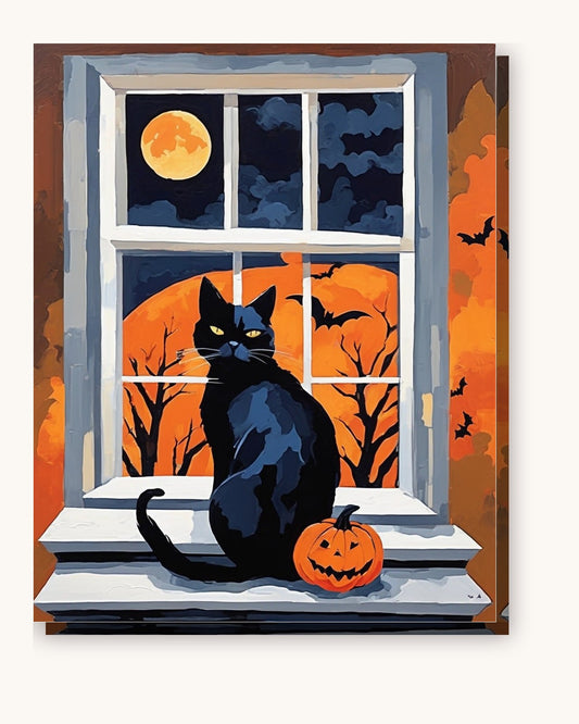 Moonlit Window Cat paint by numbers kit on stretched canvas