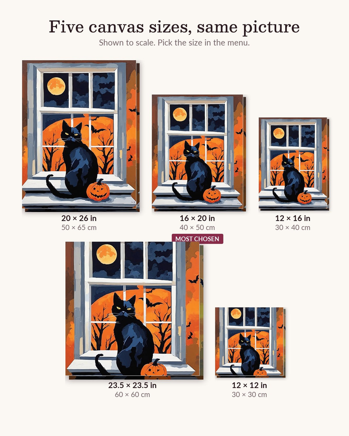 Moonlit Window Cat canvas sizes from 12 x 12 to 23.5 x 23.5 inches