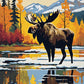 bull moose with large antlers standing in a snowy lake with autumn trees and mountains, paint by numbers kit