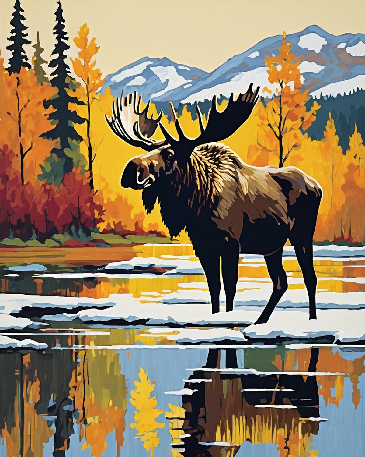 bull moose with large antlers standing in a snowy lake with autumn trees and mountains, paint by numbers kit