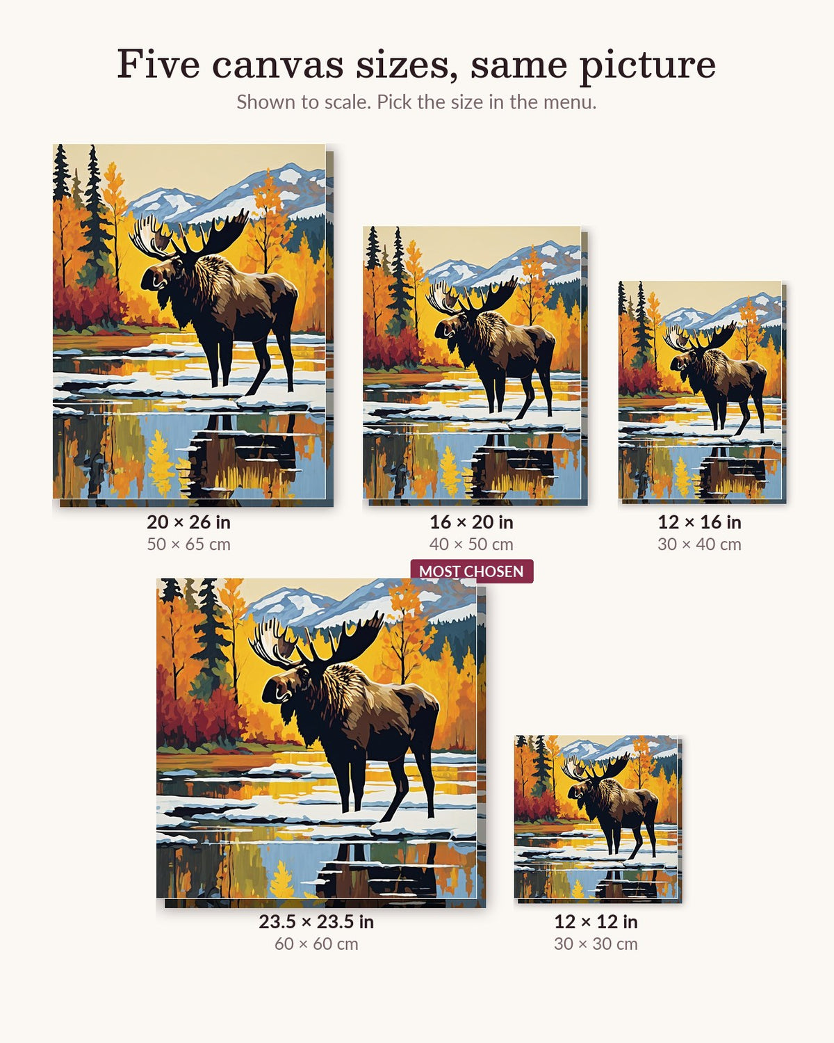 Moose by the Alaskan Lake canvas sizes from 12 x 12 to 23.5 x 23.5 inches