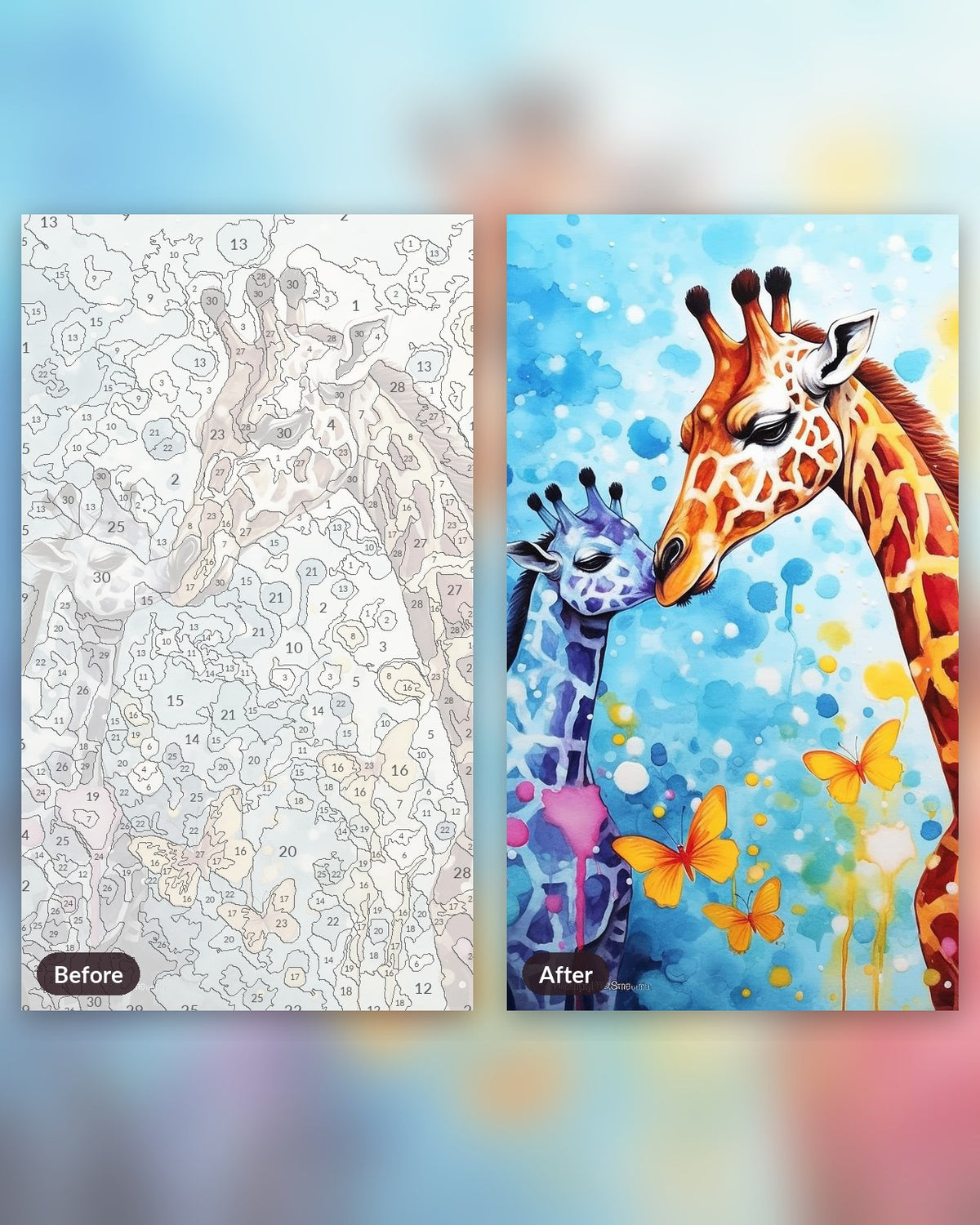 Mosaic Safari paint by numbers kit, before and after