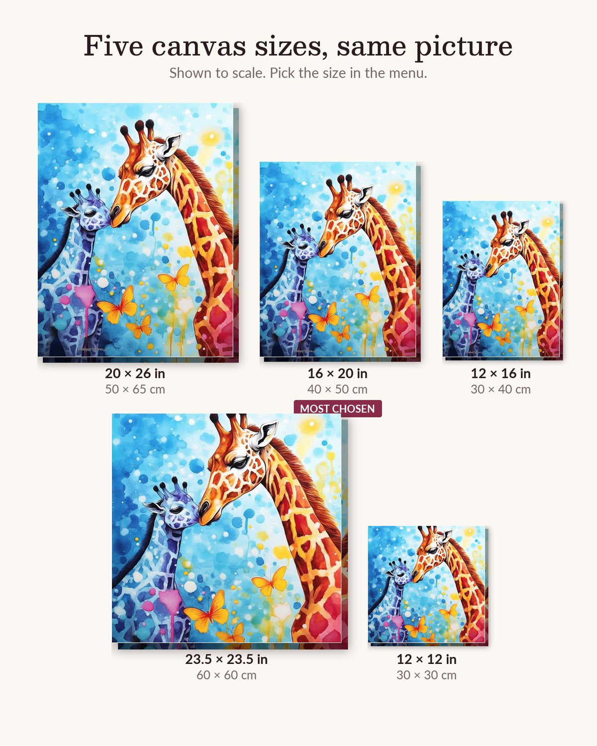 Mosaic Safari canvas sizes from 12 x 12 to 23.5 x 23.5 inches