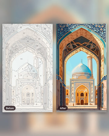 Majestic Mosque paint by numbers kit, before and after