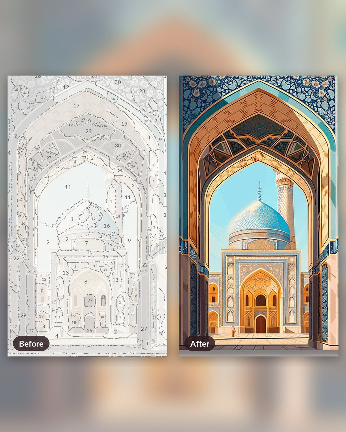 Majestic Mosque paint by numbers kit, before and after
