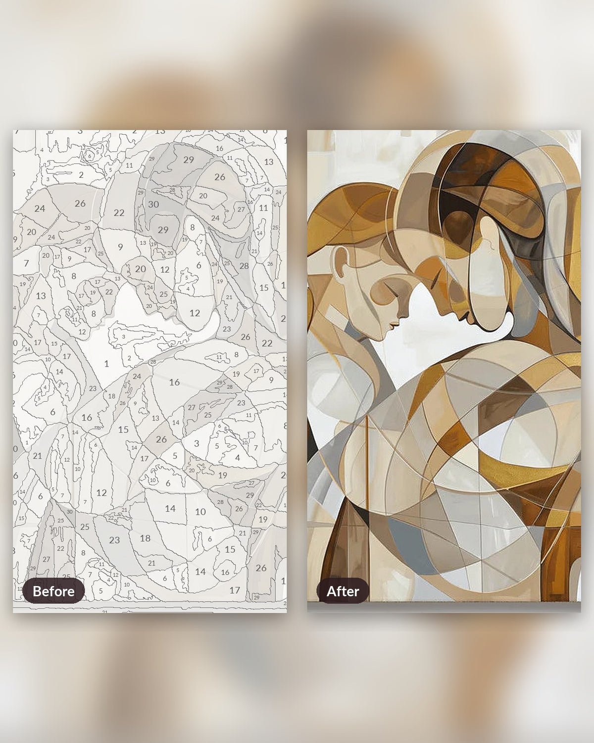 Born of Her paint by numbers kit, before and after