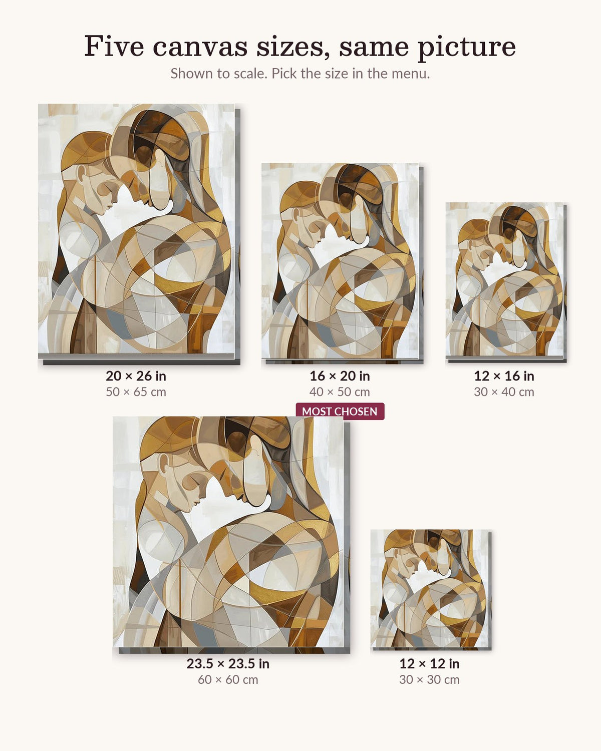Born of Her canvas sizes from 12 x 12 to 23.5 x 23.5 inches