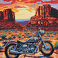 vintage motorcycle parked on a desert road in front of red rock formations at sunset, paint by numbers kit