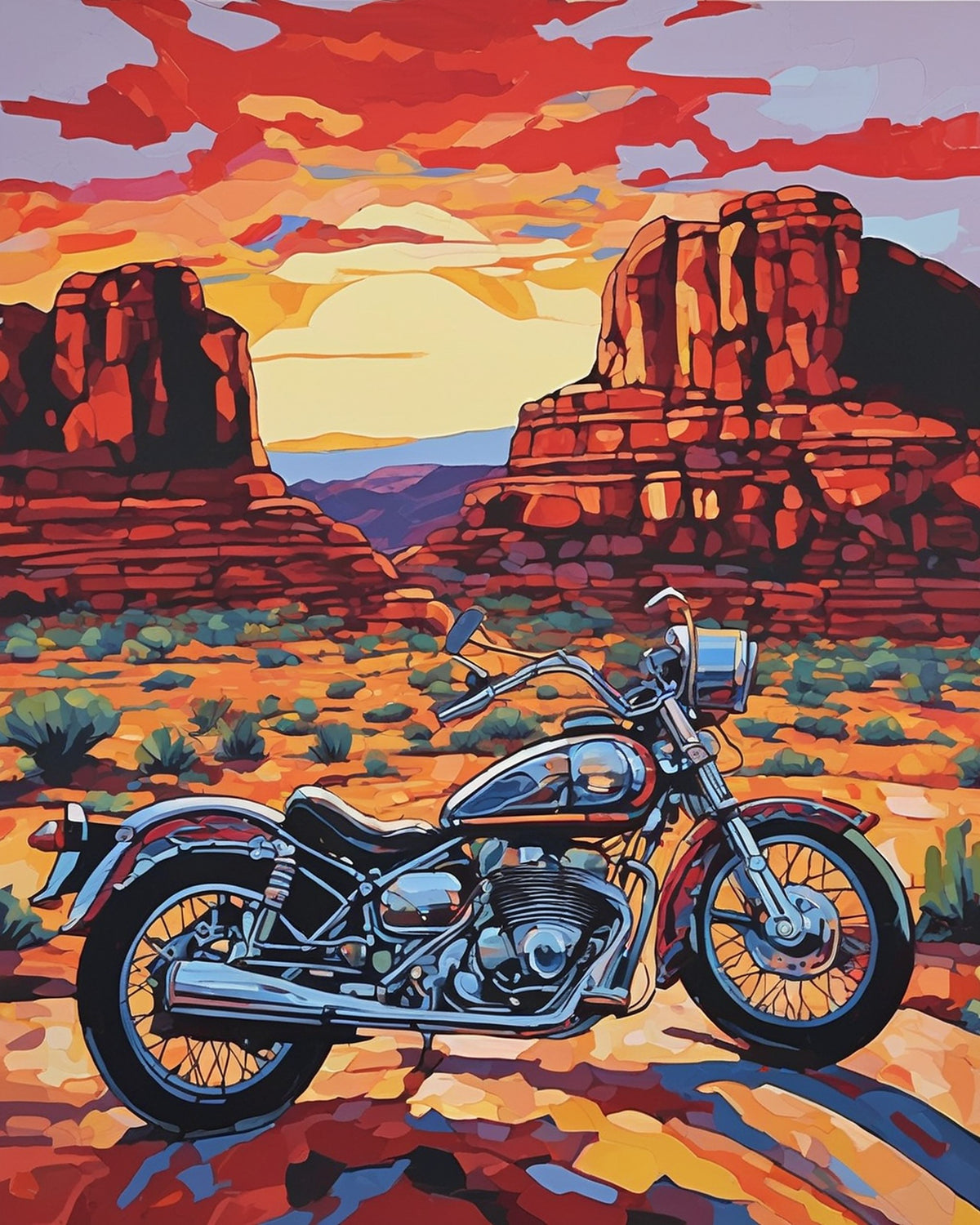 vintage motorcycle parked on a desert road in front of red rock formations at sunset, paint by numbers kit