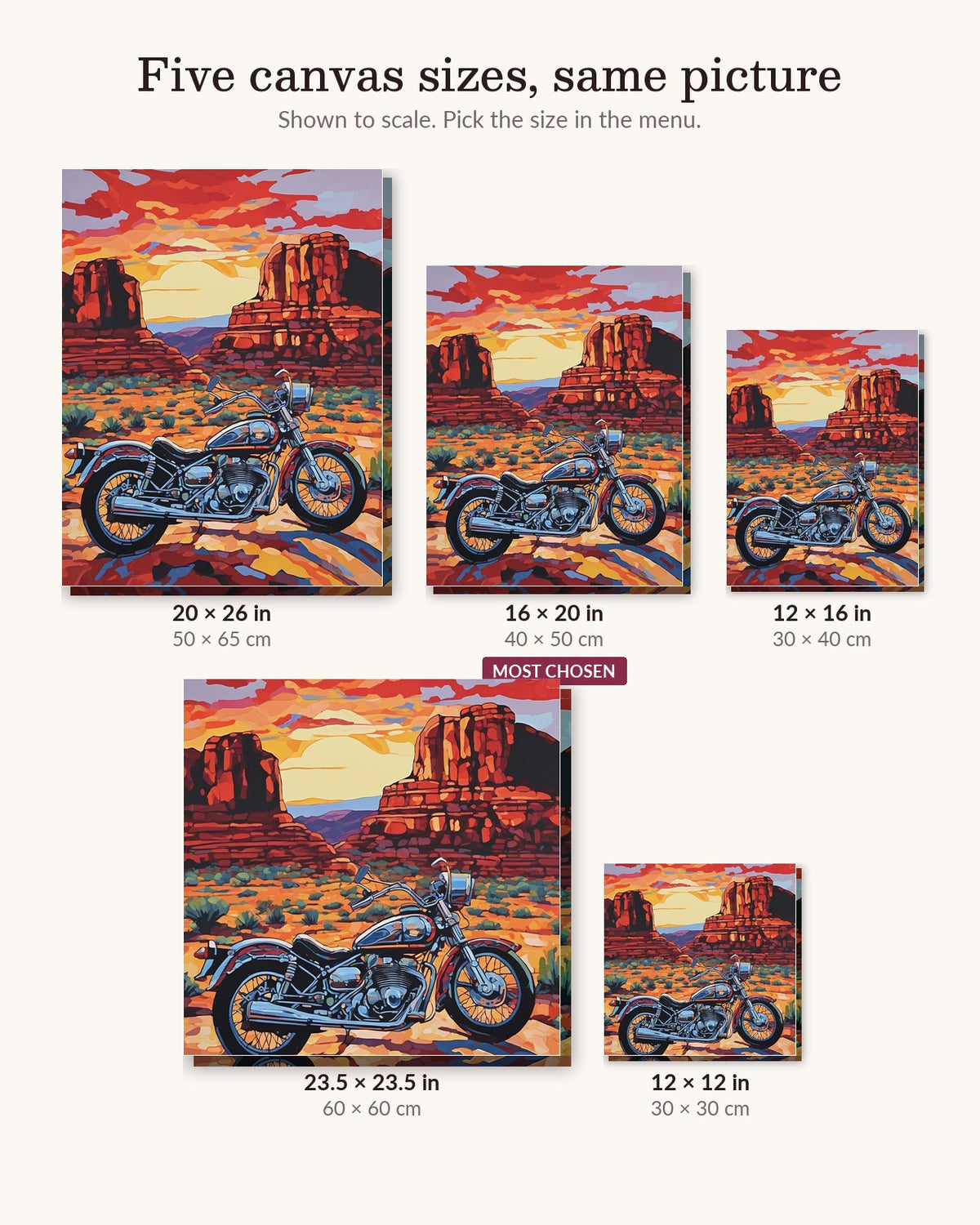 Motorcycle in Red Rock Country canvas sizes from 12 x 12 to 23.5 x 23.5 inches