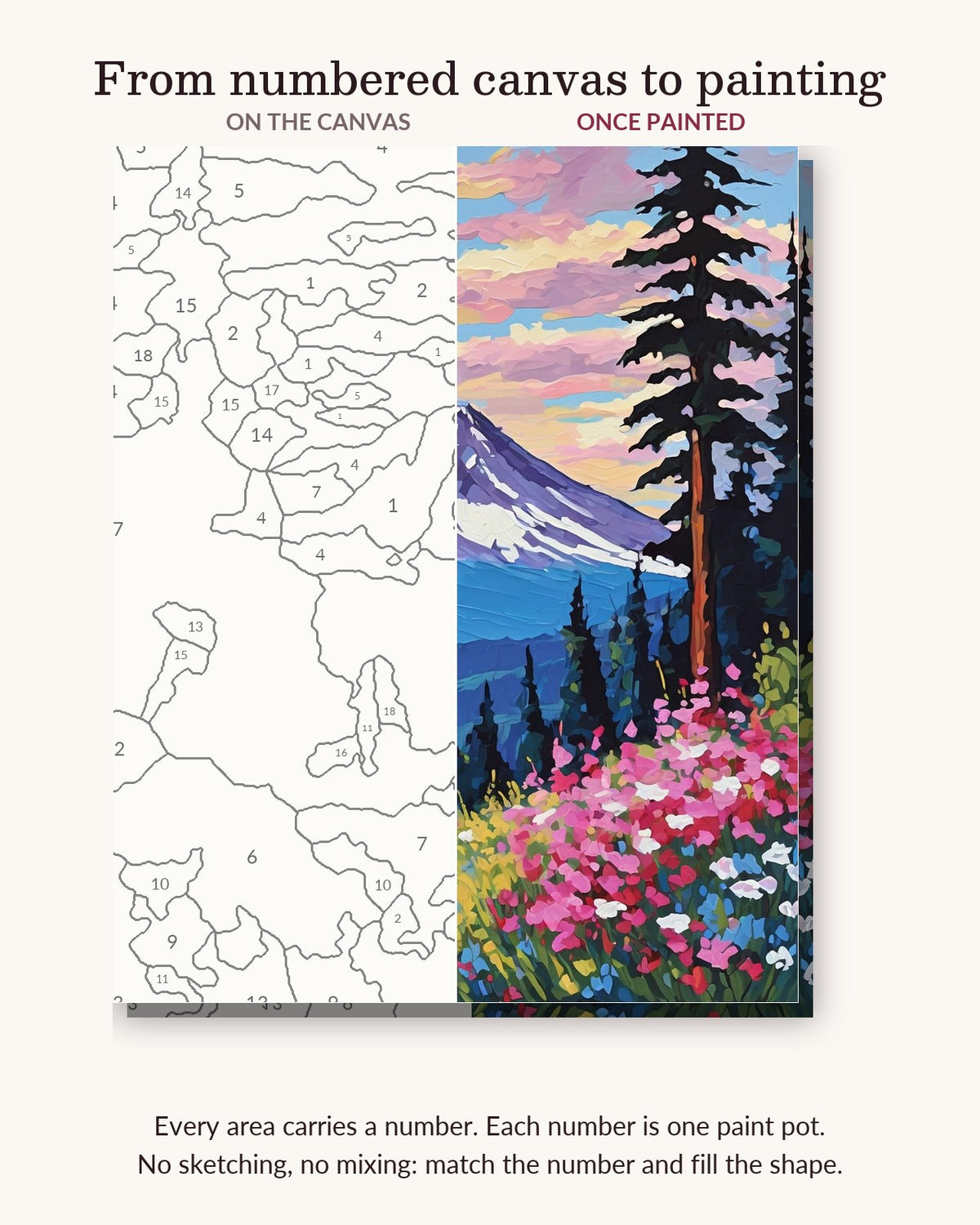 Mount Rainier Wildflower Meadow numbered canvas next to the finished painting