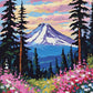 snowy volcano behind dark pines and a pink wildflower meadow under a pink and gold sky, paint by numbers kit