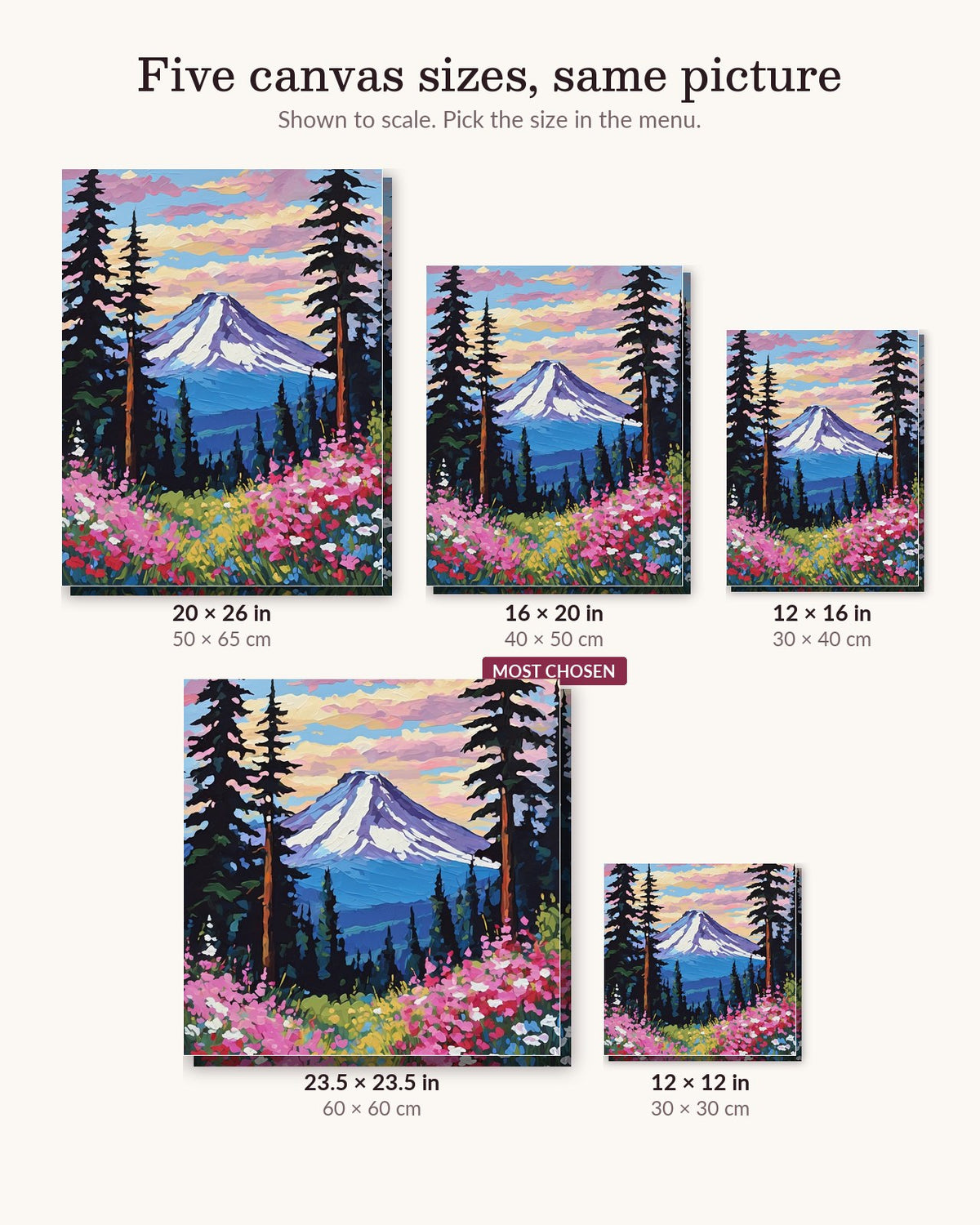 Mount Rainier Wildflower Meadow canvas sizes from 12 x 12 to 23.5 x 23.5 inches