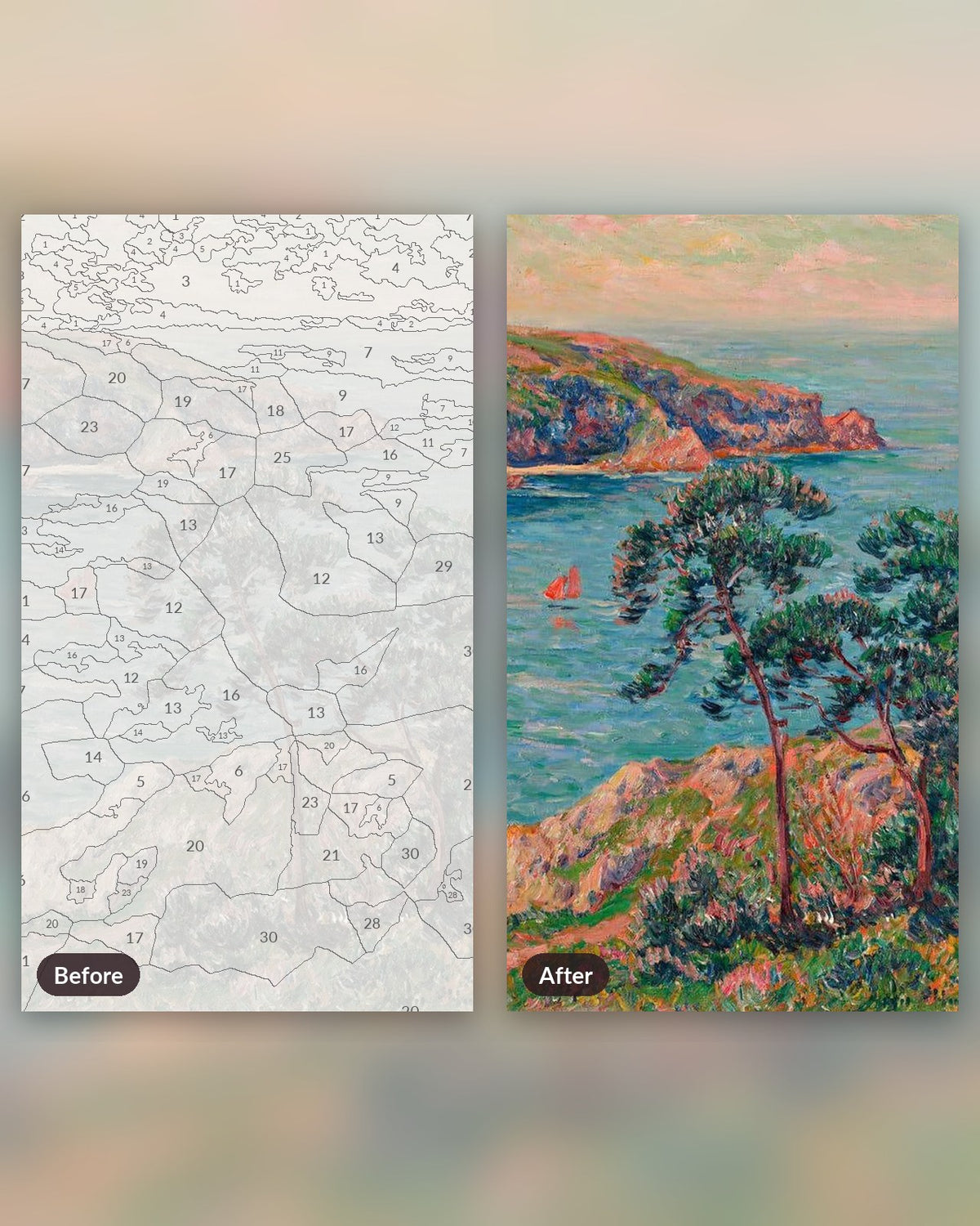 Mountain and Sea paint by numbers kit, before and after