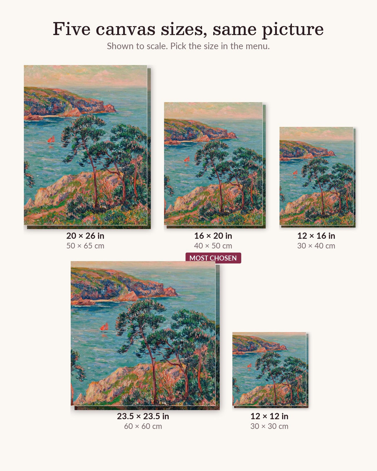 Mountain and Sea canvas sizes from 12 x 12 to 23.5 x 23.5 inches