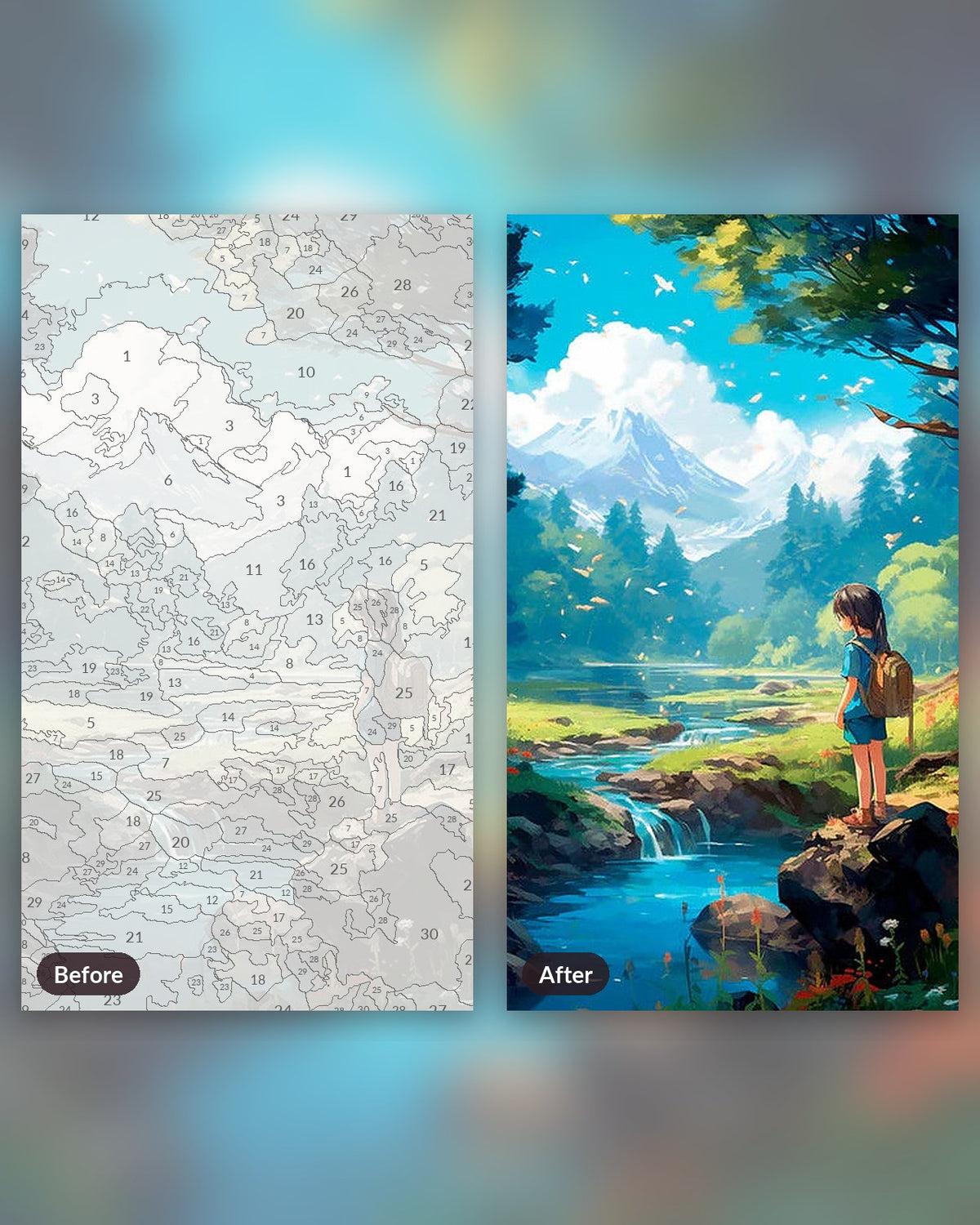 Mountain Bloom Observer paint by numbers kit, before and after