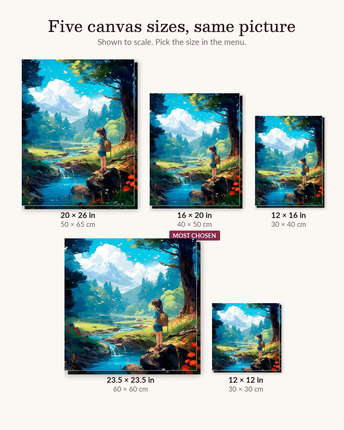 Mountain Bloom Observer canvas sizes from 12 x 12 to 23.5 x 23.5 inches