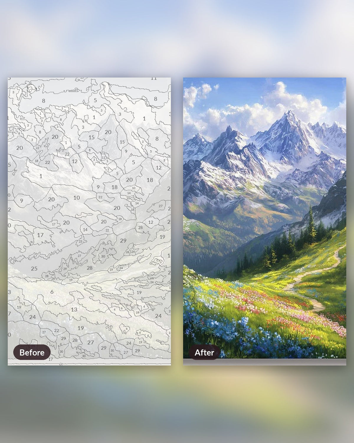 Alpine Journey paint by numbers kit, before and after