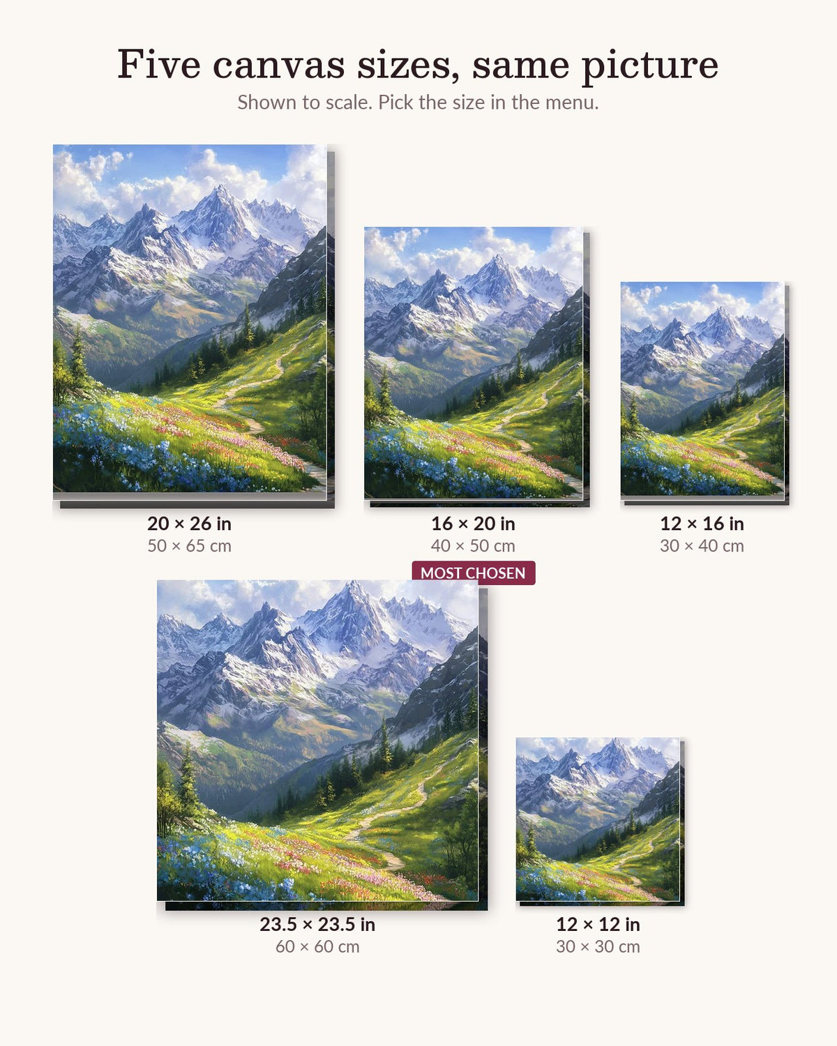 Alpine Journey canvas sizes from 12 x 12 to 23.5 x 23.5 inches