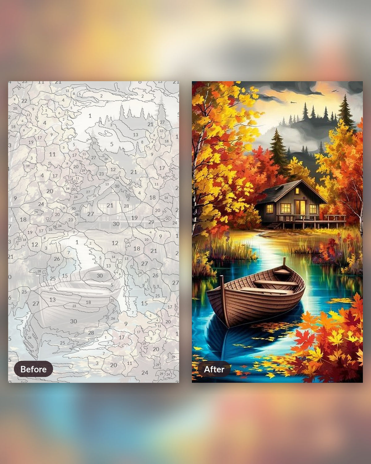 Misty Autumnal Peace paint by numbers kit, before and after