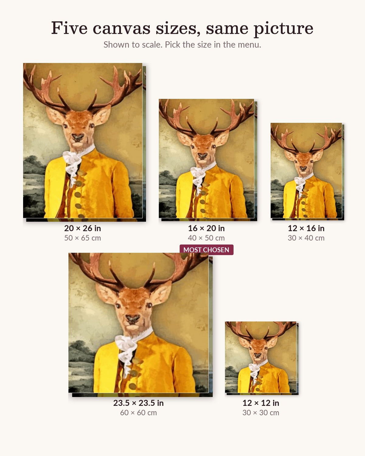 Artistic Mr Deer canvas sizes from 12 x 12 to 23.5 x 23.5 inches