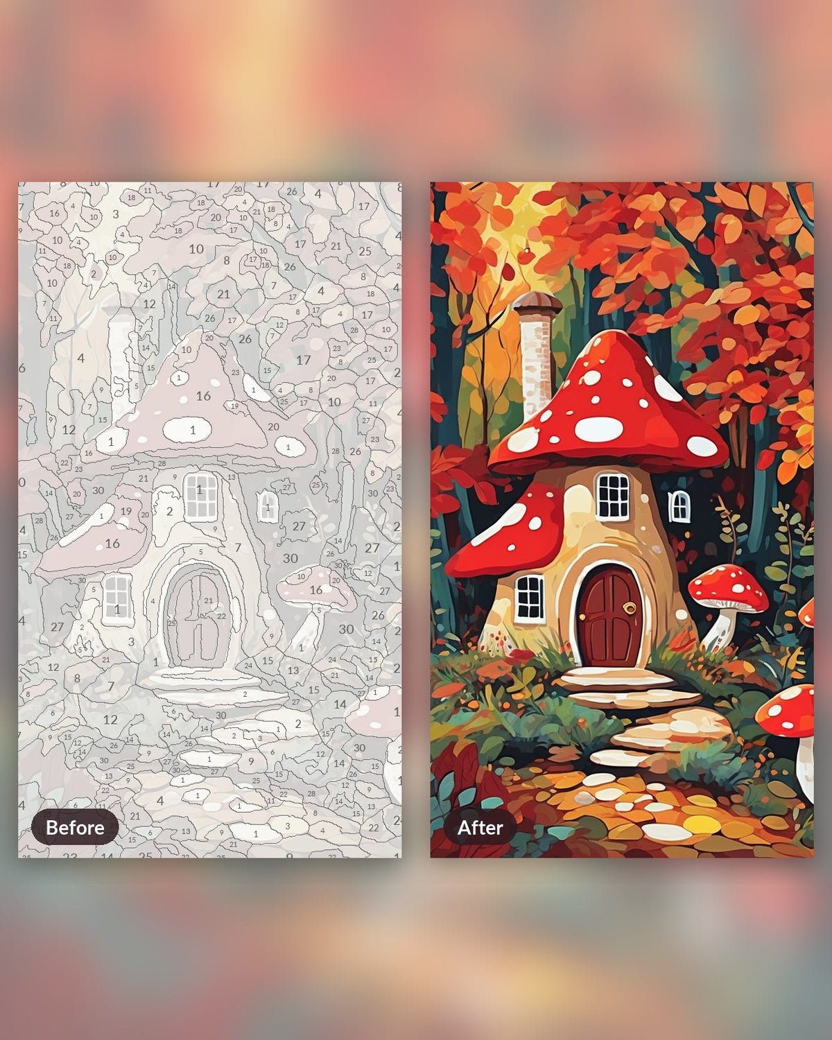 Mushroom Cottage in the Autumn Forest paint by numbers kit, before and after