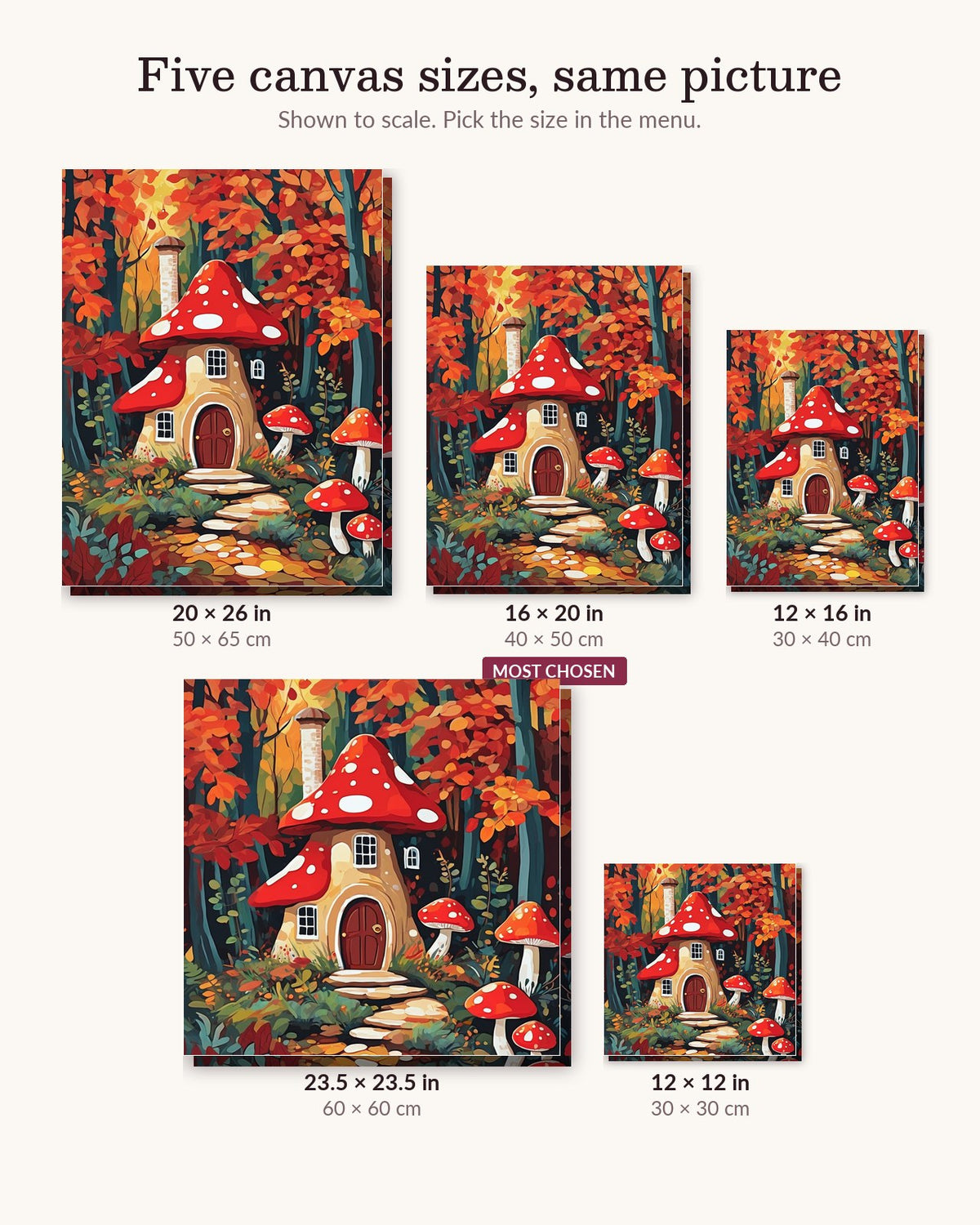 Mushroom Cottage in the Autumn Forest canvas sizes from 12 x 12 to 23.5 x 23.5 inches