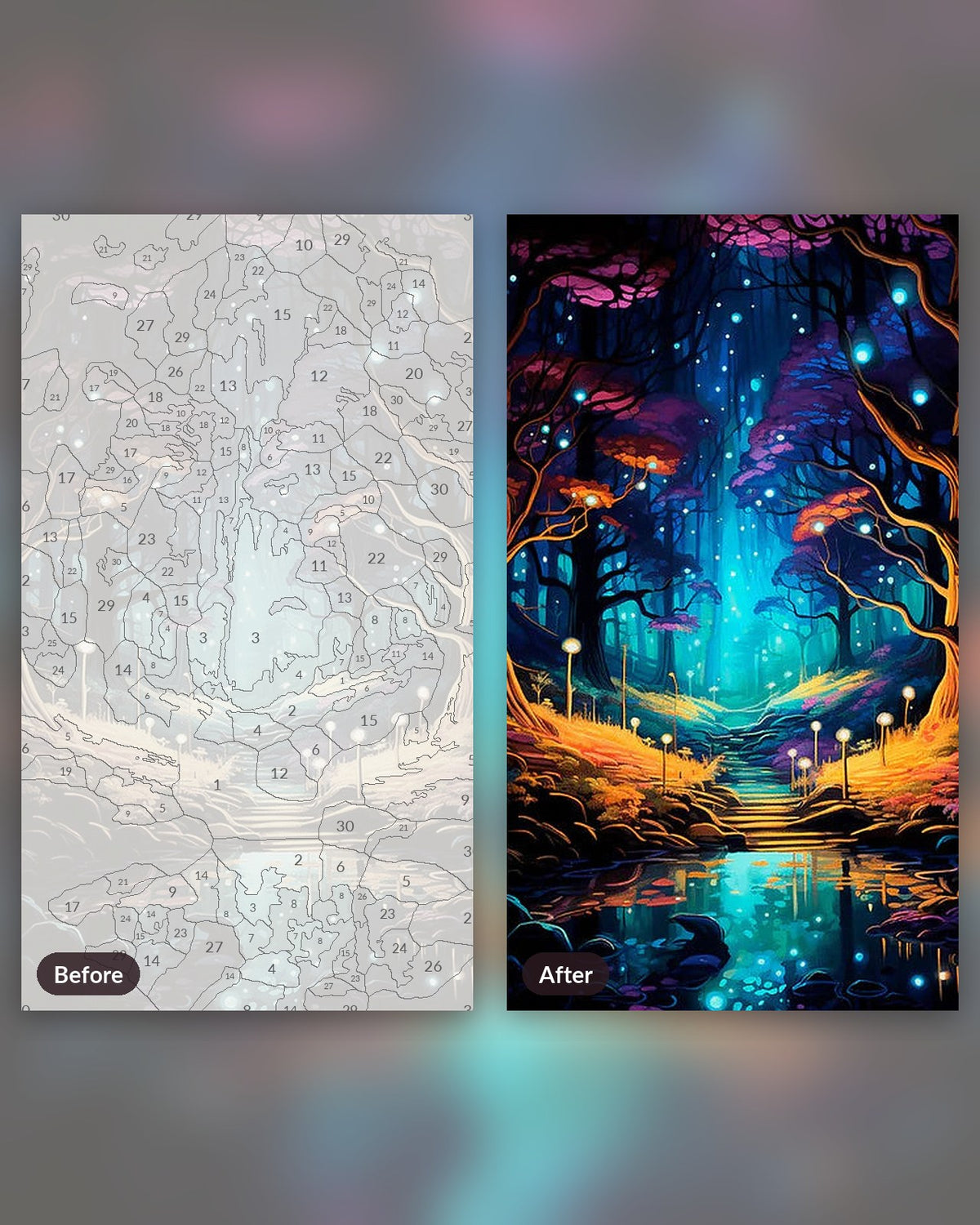 Mystical Forest Glow paint by numbers kit, before and after