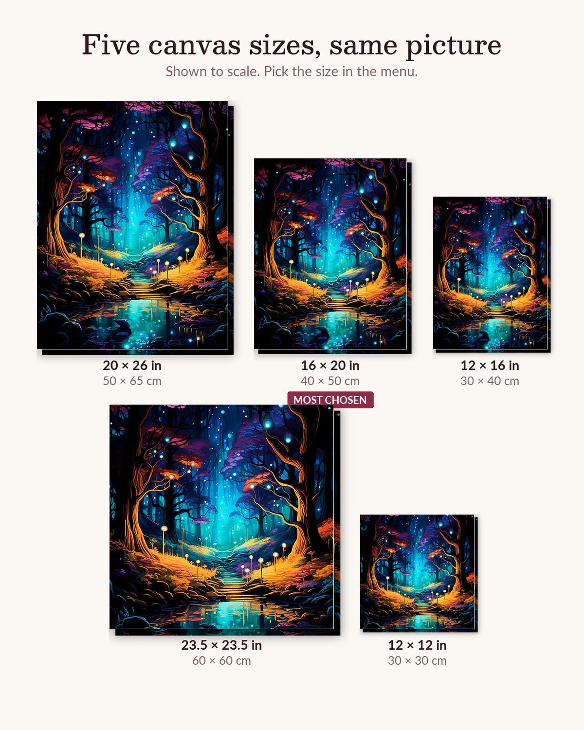 Mystical Forest Glow canvas sizes from 12 x 12 to 23.5 x 23.5 inches