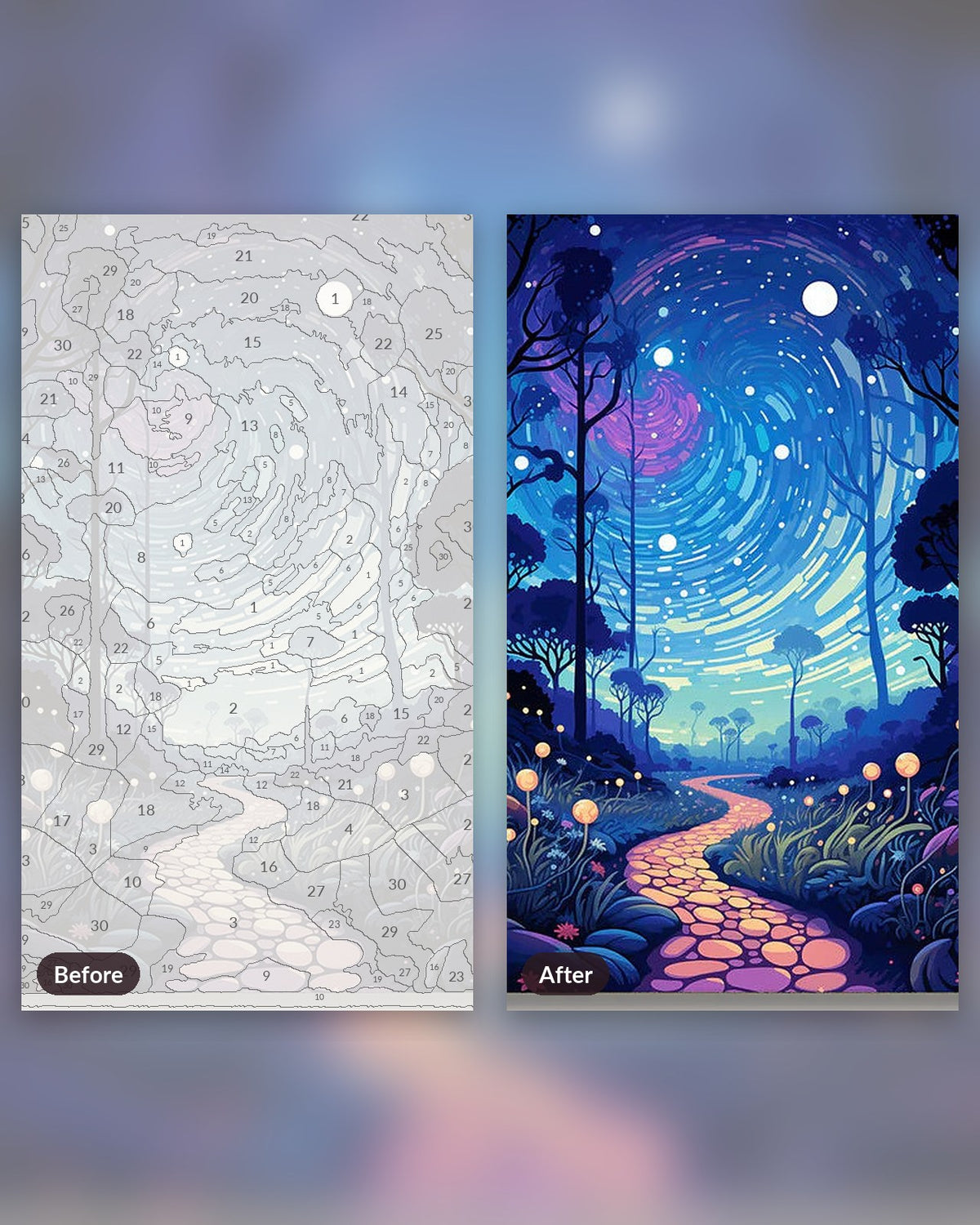 Mystical Pathway paint by numbers kit, before and after