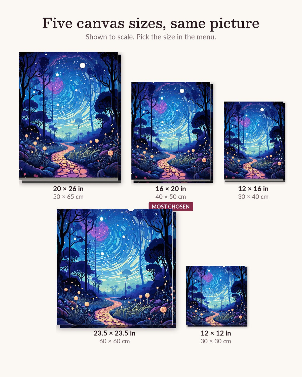 Mystical Pathway canvas sizes from 12 x 12 to 23.5 x 23.5 inches
